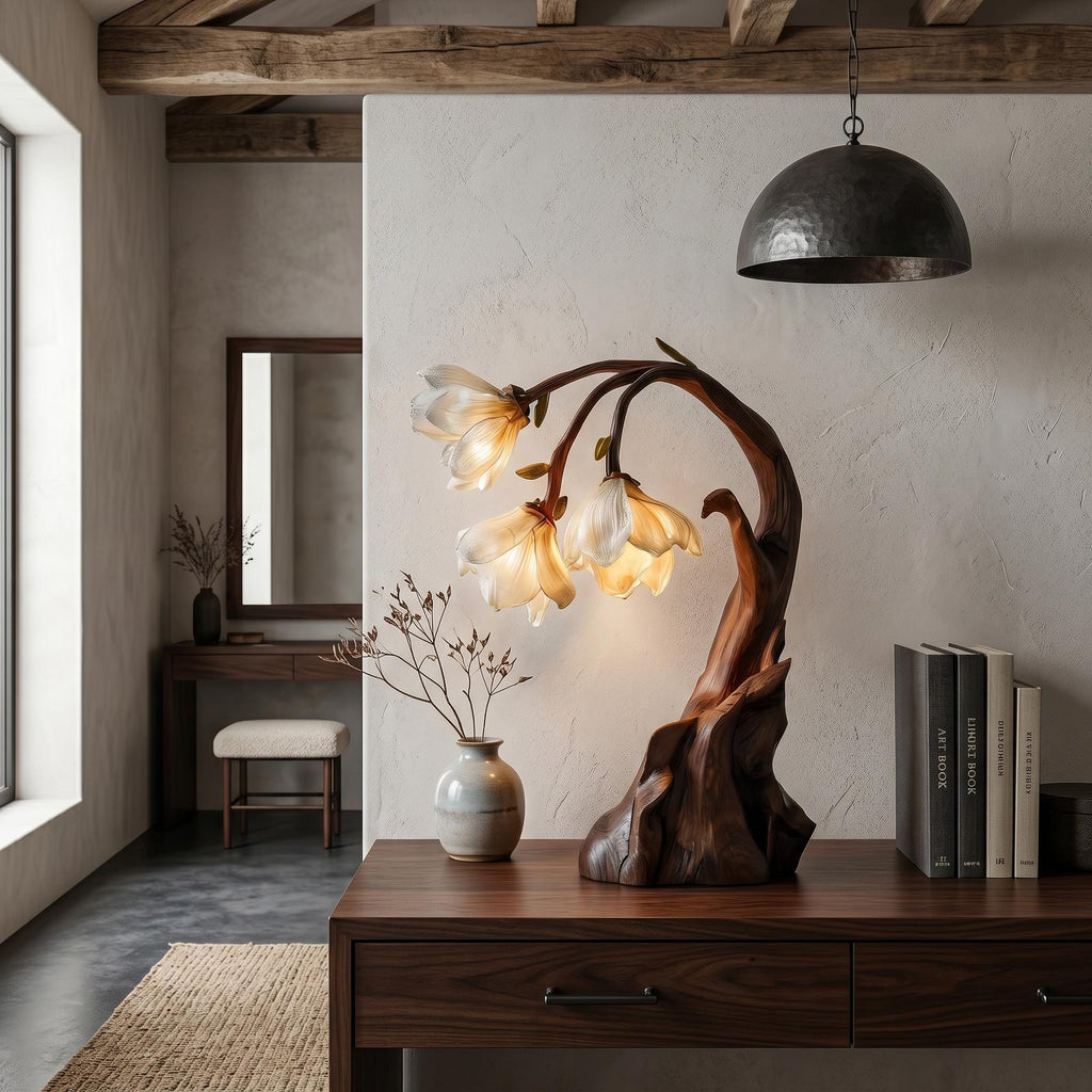 Contemporary Floral Table Lamp with Sculptural Solid Wood Base, Modern Bedside Desk Nightstand Lamp for Bedroom