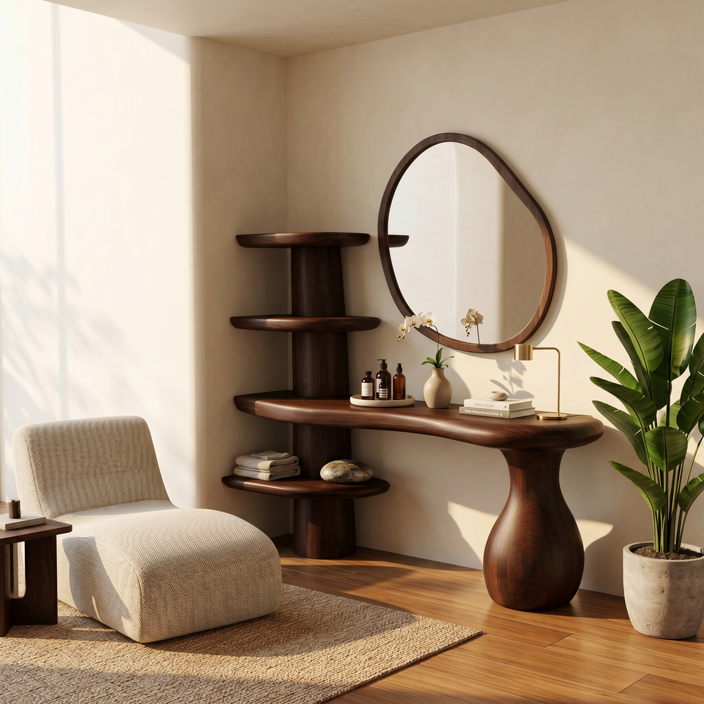 Organic Corner Vanity Table, Space-Saving Solid Wood Makeup Desk with Mirror & Storage Drawers for Small Bedrooms