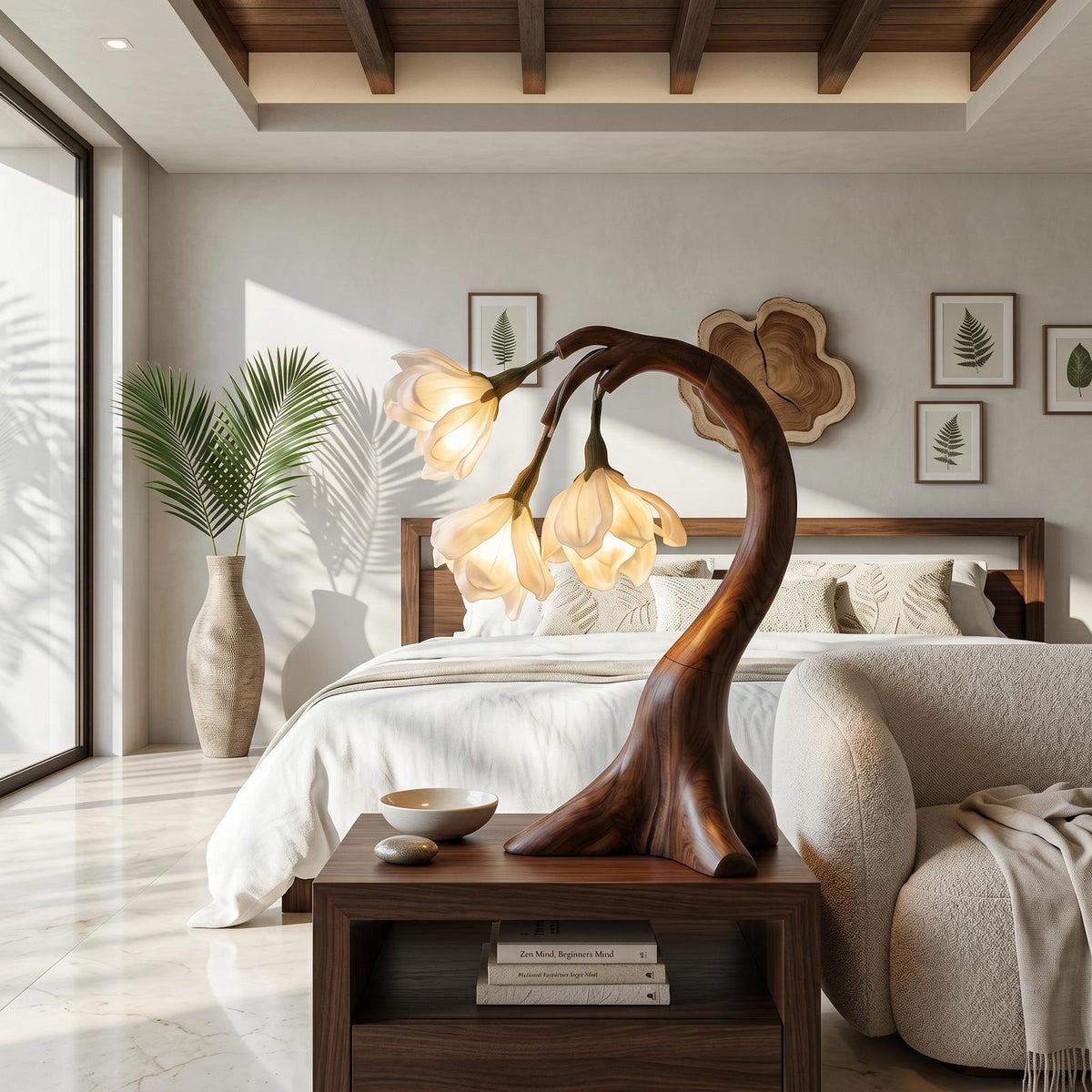 Modern Floral Table Lamp with Sculptural Curved Wood Base, Elegant Bedside Desk Nightstand Reading Light