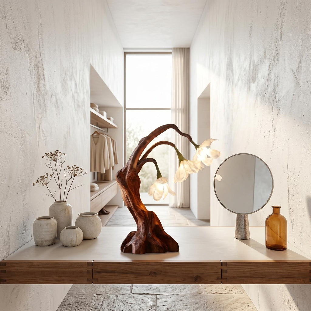 Modern Floral Table Lamp with Sculptural Driftwood Base, Handcrafted Wood Bedside Desk Nightstand Night Light