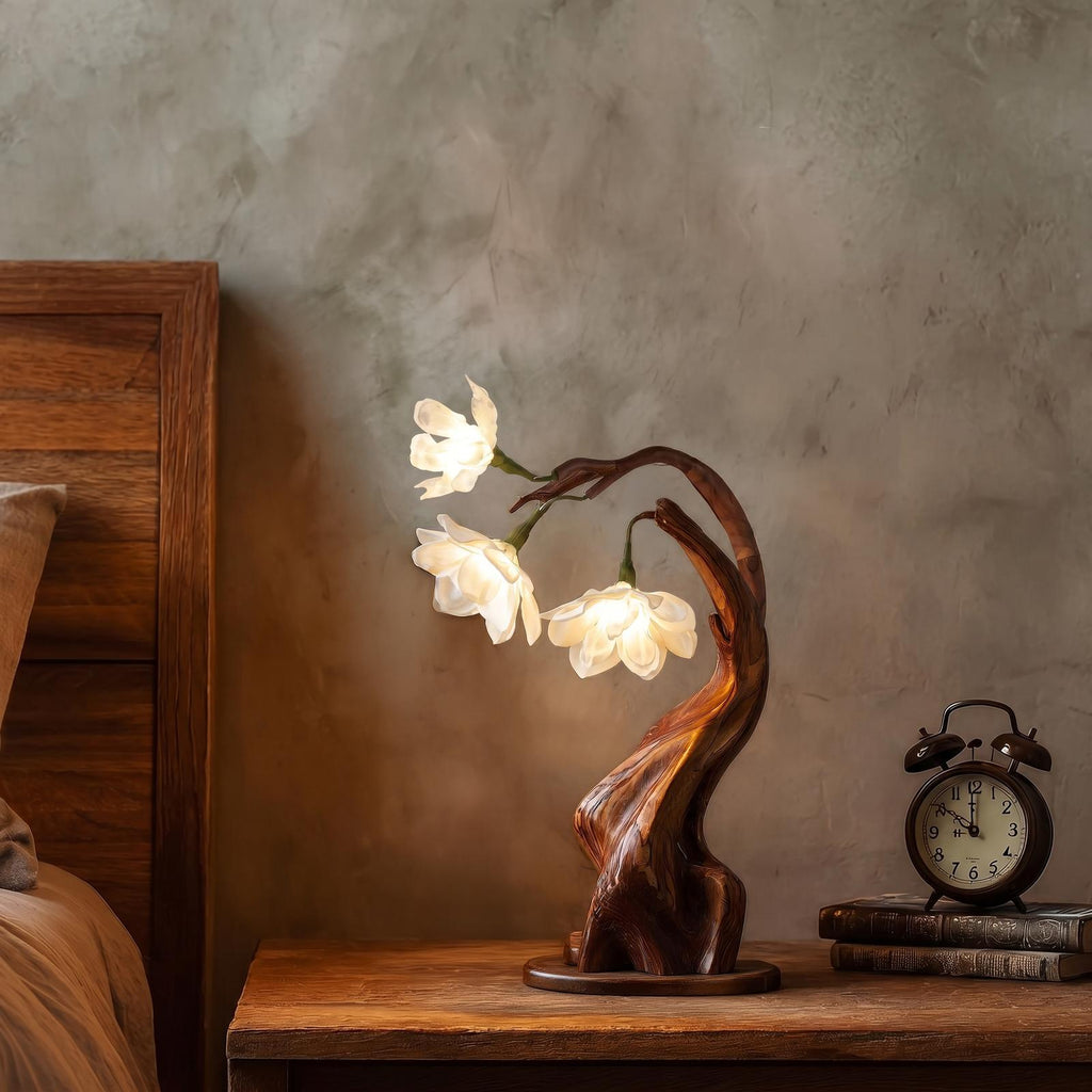 Contemporary Floral Table Lamp with Twisted Solid Wood Base, Elegant Bedside Desk Nightstand Light For Living Room