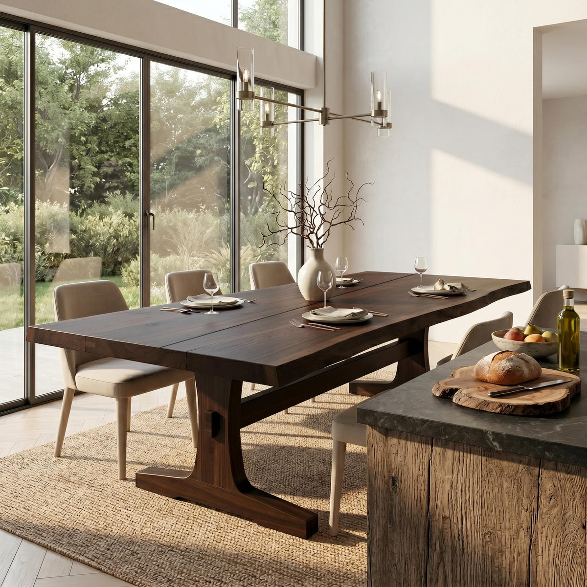 Organic Live Edge Dining Table with Waterfall Wood Base, Rustic Solid Wood Kitchen Table for Dining Room