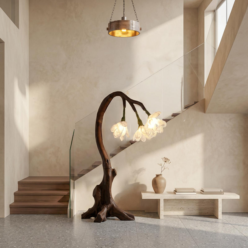 Organic Modern Floral Floor Lamp, Nature-Inspired Wooden Flower Leaf Standing Light for Bedroom, Model