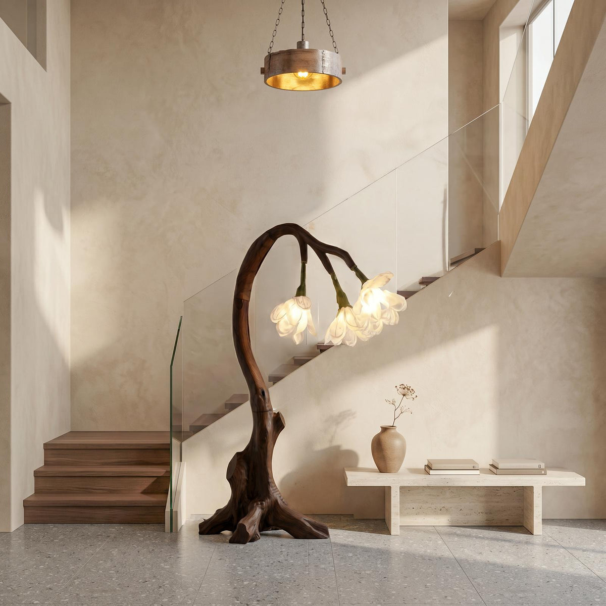 Organic Modern Floral Floor Lamp, Nature-Inspired Wooden Flower Leaf Standing Light for Bedroom, Model