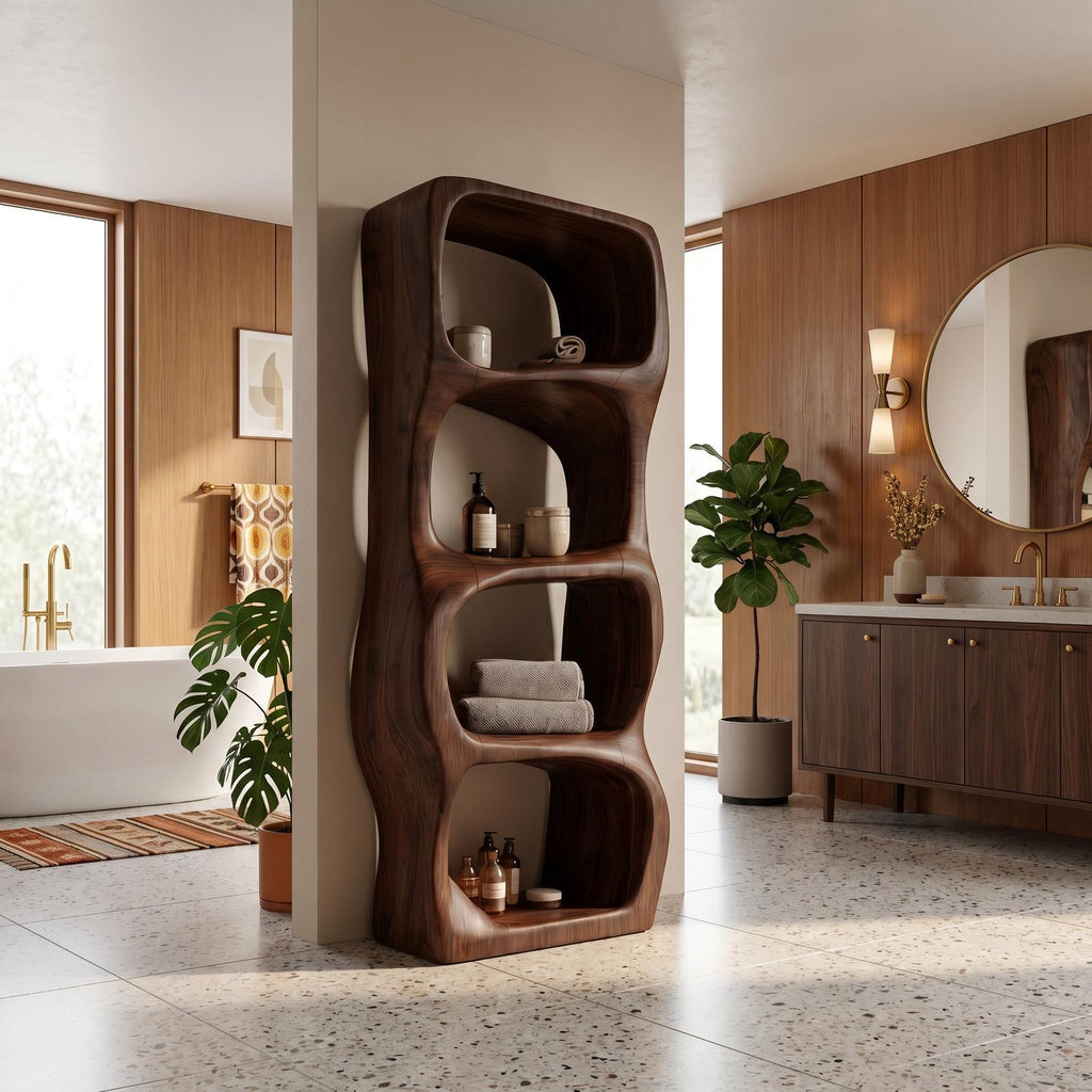 Modern Organic Bathroom Cabinet, Rounded Sculptural Shelves & Open Storage Standing Wood Cabinet