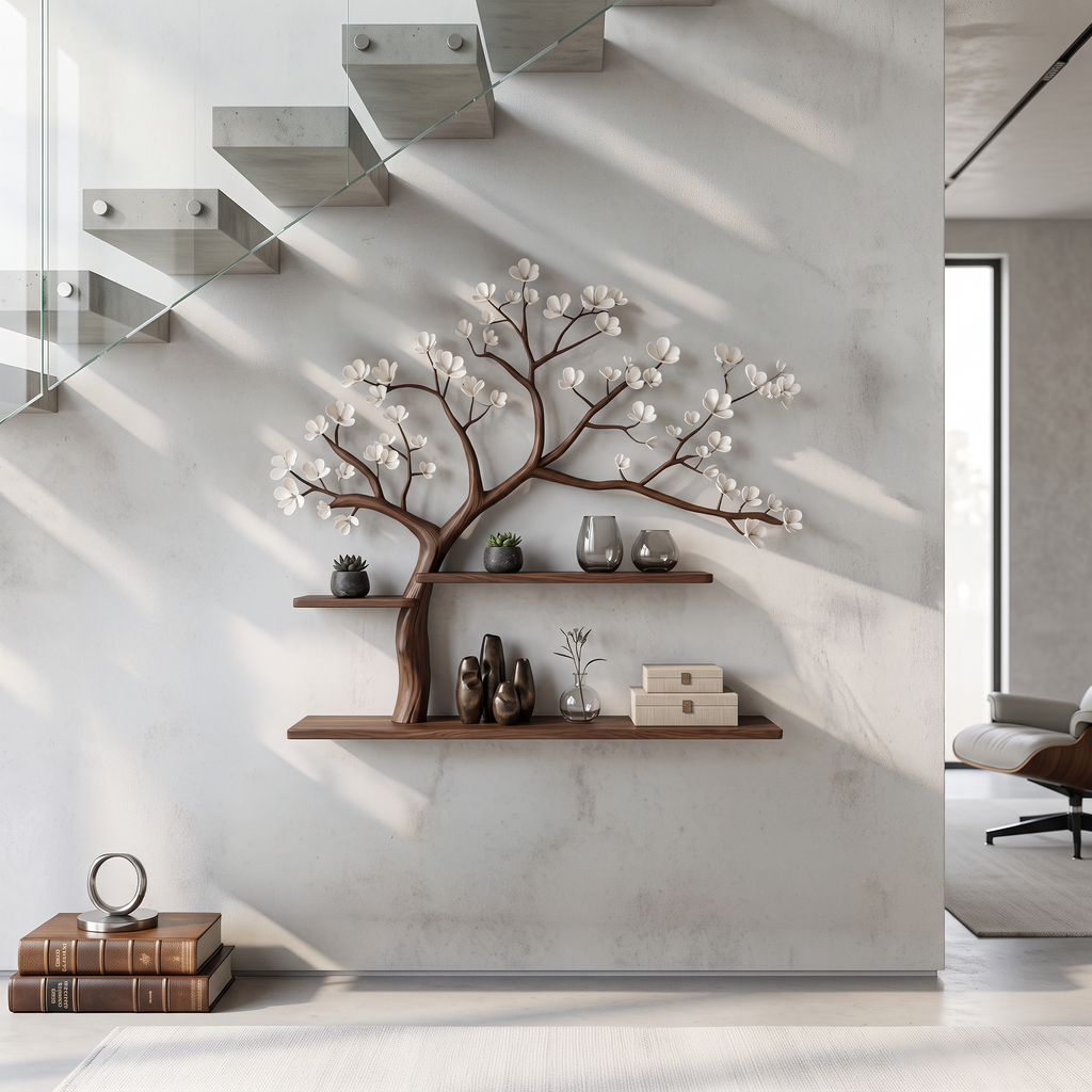 Rustic Tree Shelf Wall Living Room