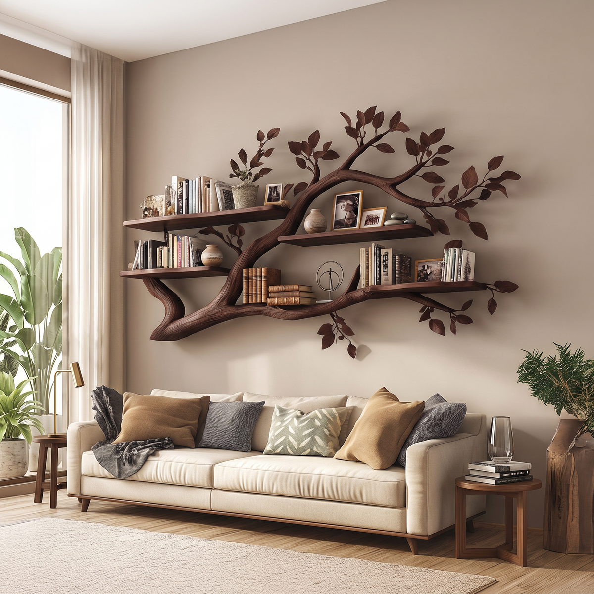 Rustic Wall Mounted Branch Bookshelf, Solid Wood Hanging Floating Bookcase & Decorative Display for Living Room Storage