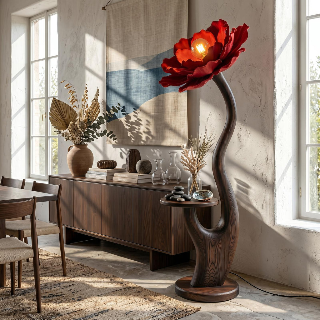 Organic Floor Lamp With Built In Bedside Table And Flower Shade For Living Room