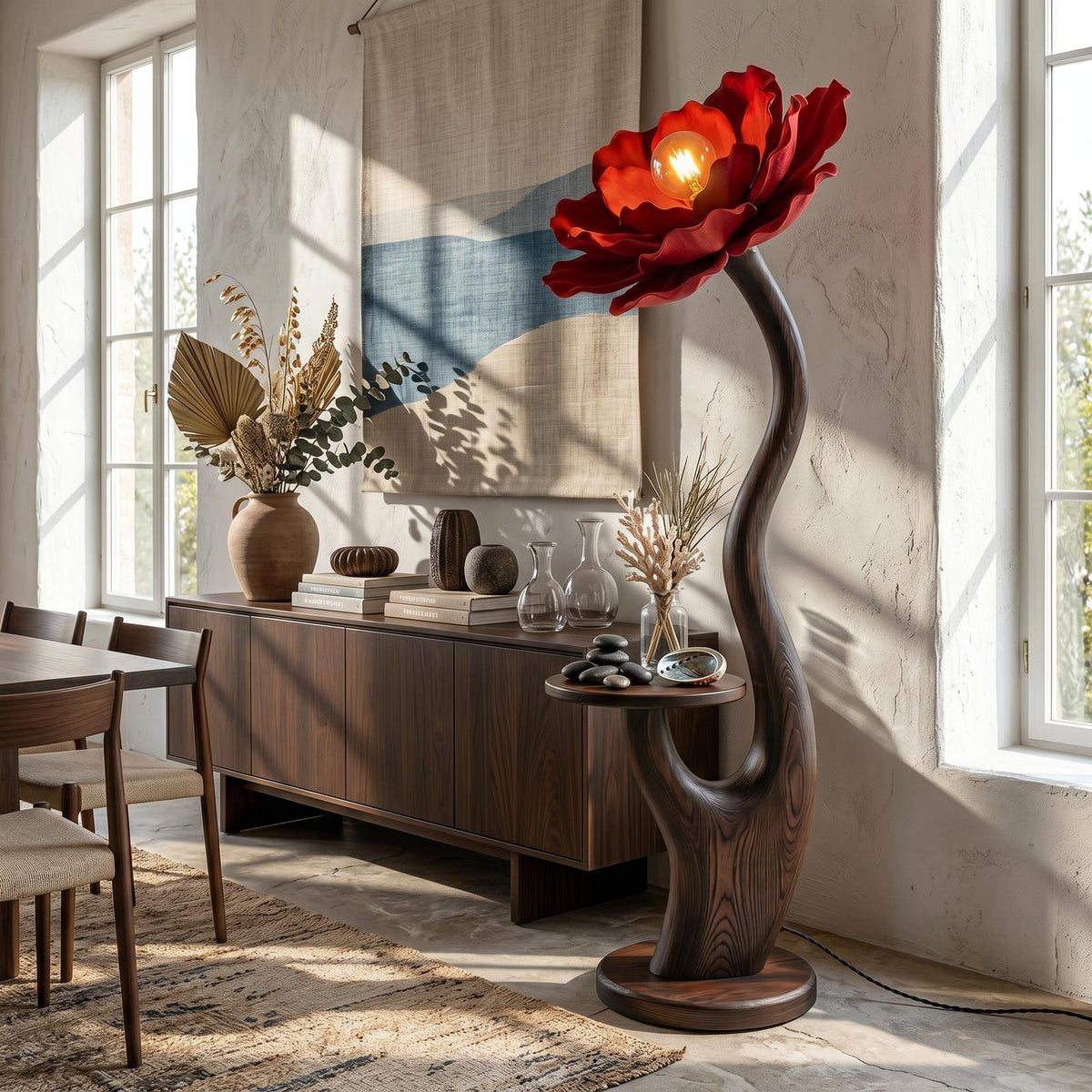 Organic Floor Lamp With Built In Bedside Table And Flower Shade For Living Room