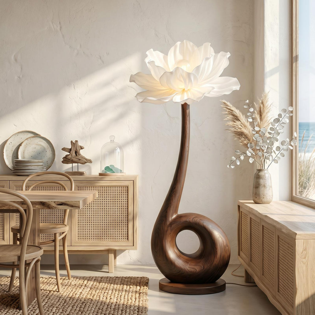 Modern Floor Lamp With Sculptural Loop Base And Floral Shade For Living Room