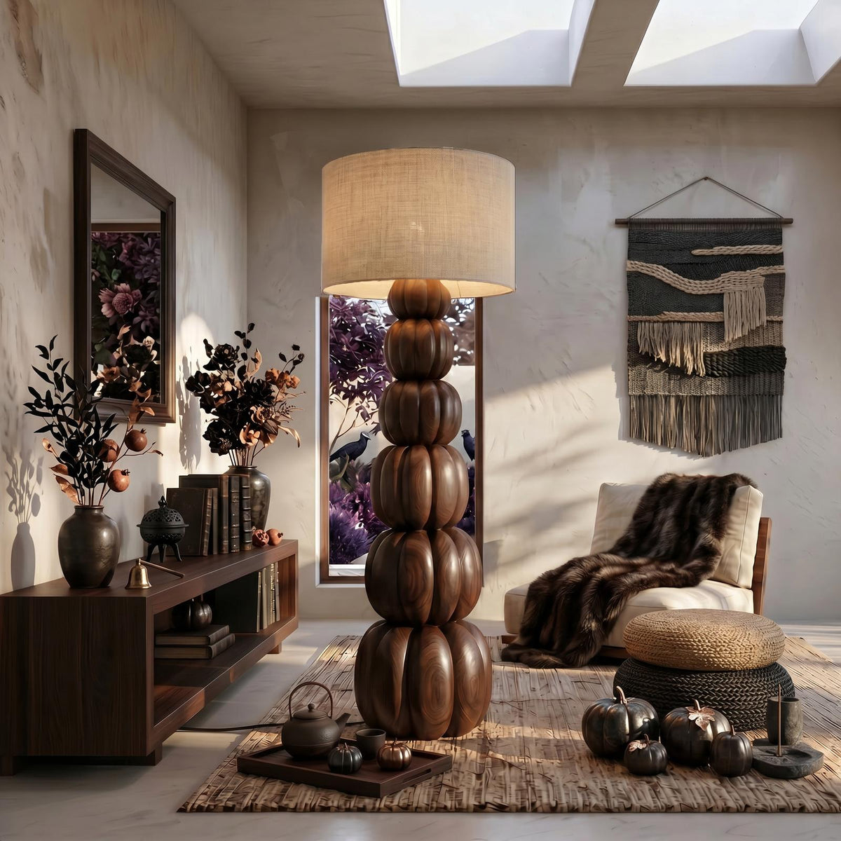 Rustic Floor Lamp With Stacked Pumpkin Wood Base For Living Room