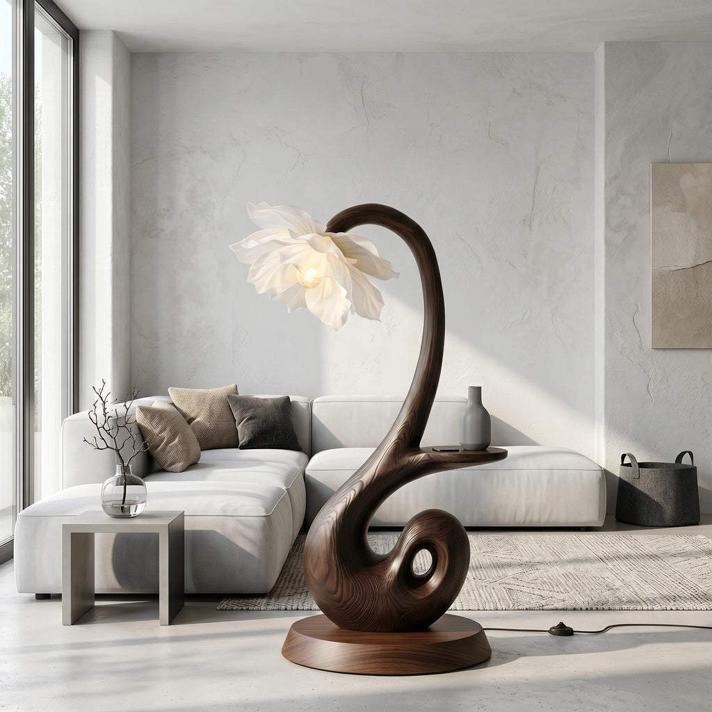 Nature Inspired Floor Lamp With Blooming Flower Shade And Display Shelf For Reading Nook