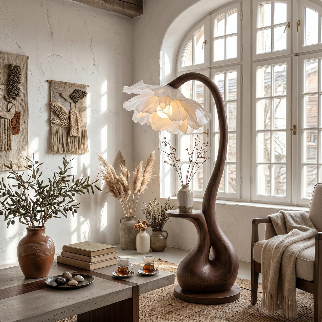 Modern Floor Lamp With Sculptural Curved Base And Display Shelf For Living Room