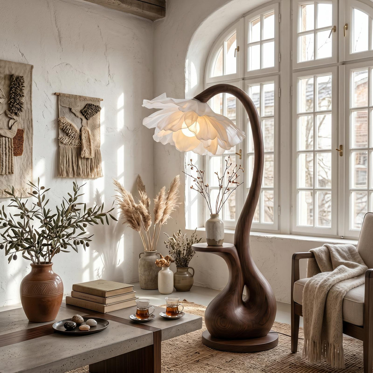 Modern Floor Lamp With Sculptural Curved Base And Display Shelf For Living Room