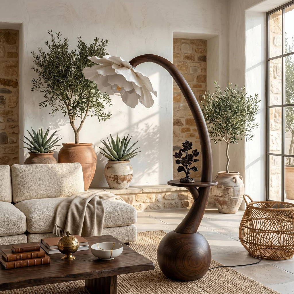 Sculptural Floor Lamp With Built In Shelf And Floral Shade For Living Room