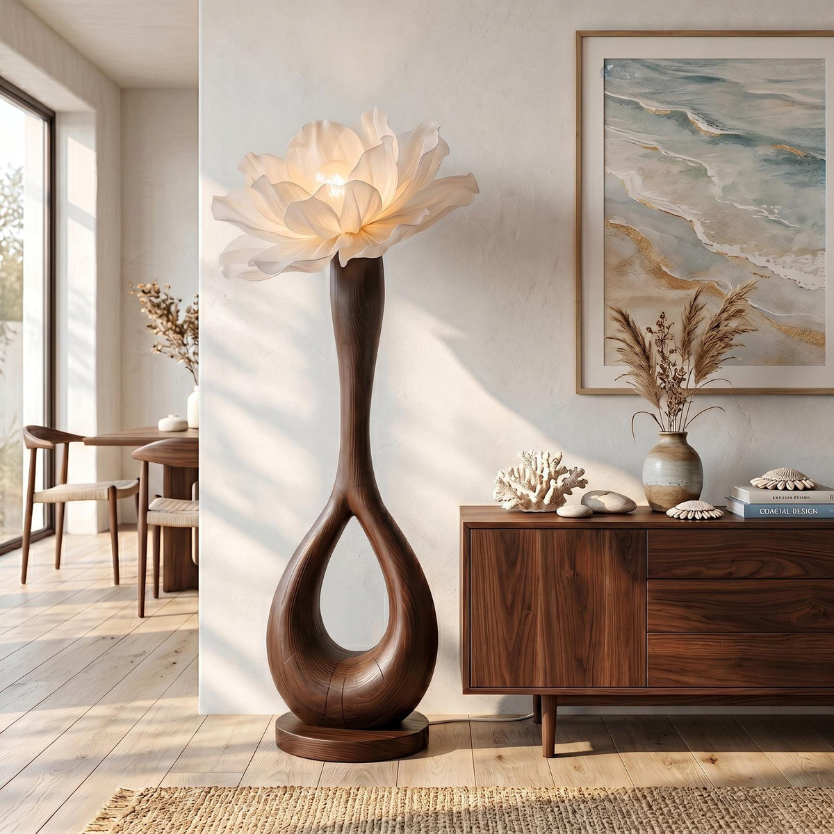 Handcrafted Floor Lamp With Blooming Flower Sculpture For Living Room