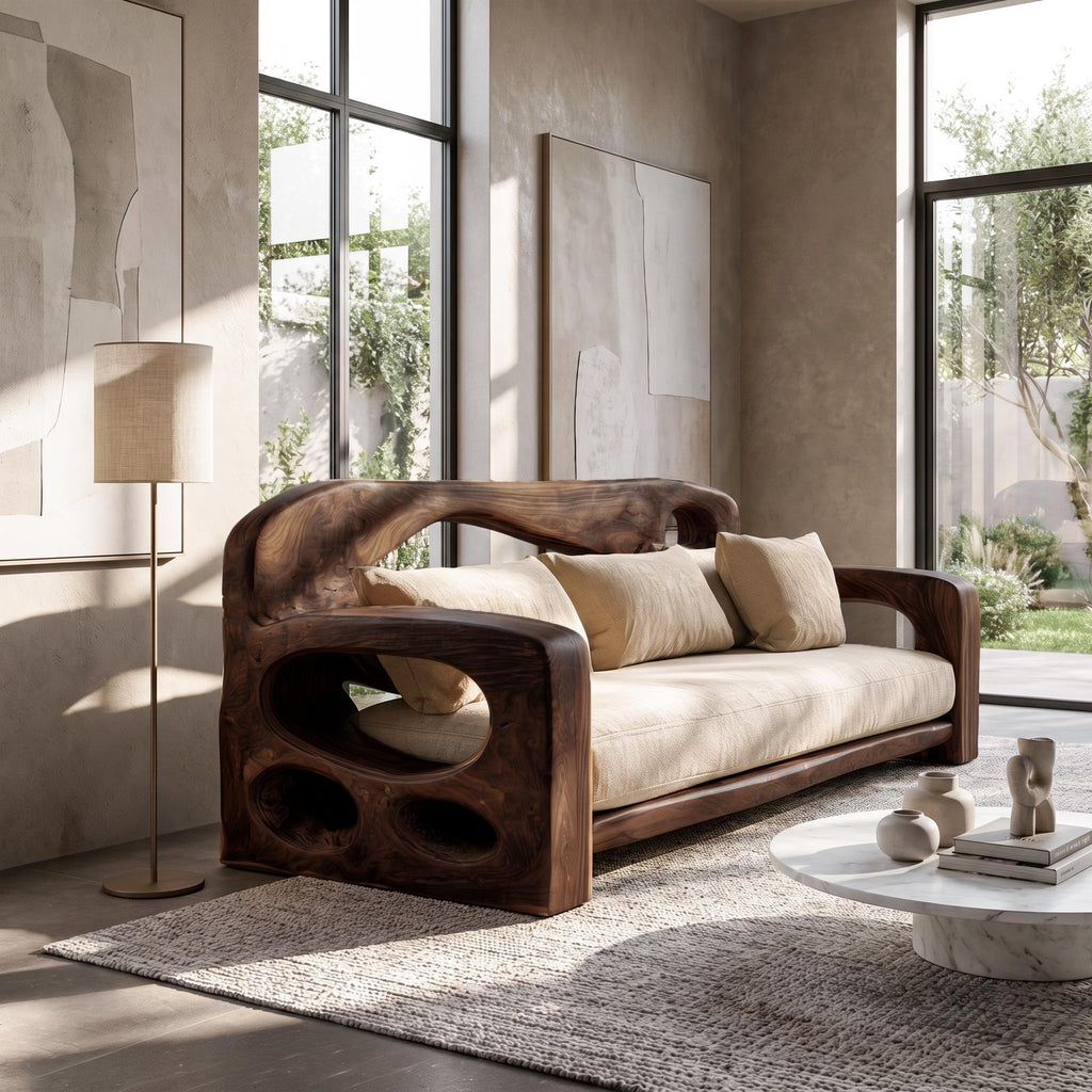 Modern Sofa Frame With Sculptural Solid Wood Armrests For Living Room