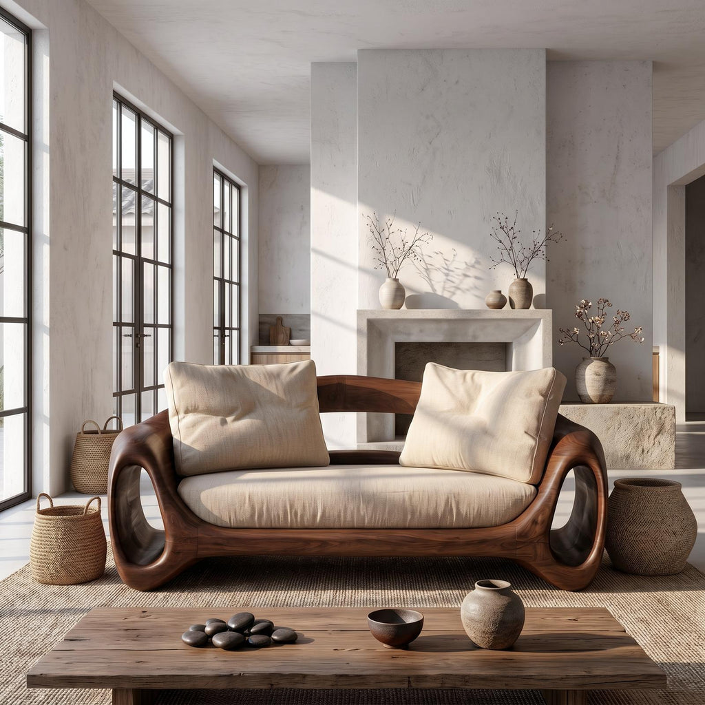Organic Sofa Frame With Sculptural Circular Armrests For Living Room