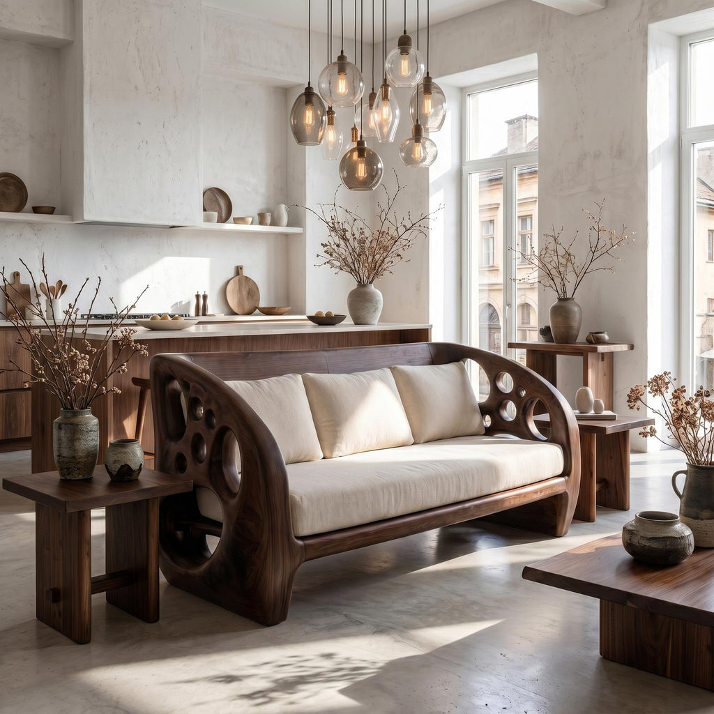 Modern Organic Sofa With Sculptural Perforated Wood Frame
