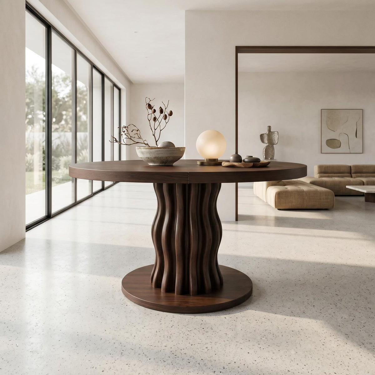 Contemporary Round Entryway Table With Wavy Vertical Form For Foyer And Living Room