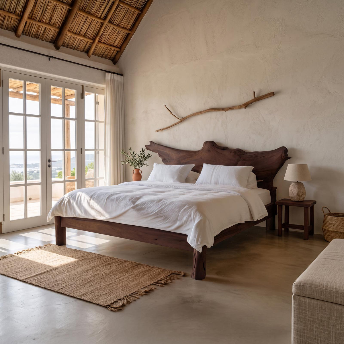 Spry Interior Rustic Live Edge Wood Bed Frame, Solid Timber Slab Headboard & Platform Bed, Coastal Modern Bedroom Furniture SINLSAWB064