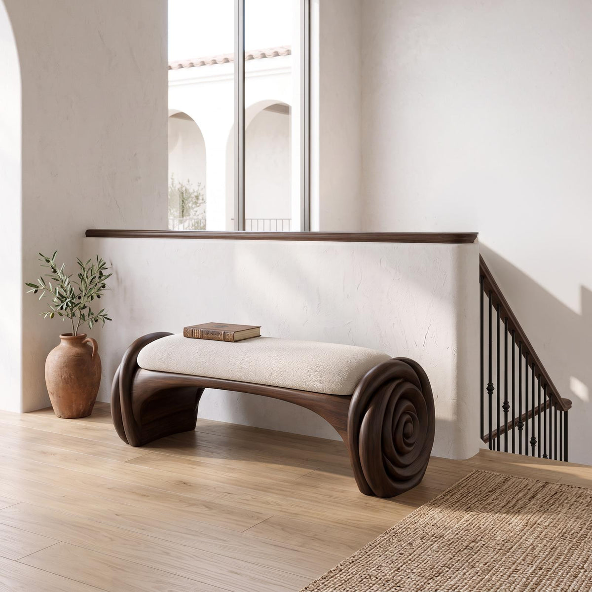 Natural Halloween Accent Bench With Carved Petal Form Legs For Dressing Room SINLSABEN141