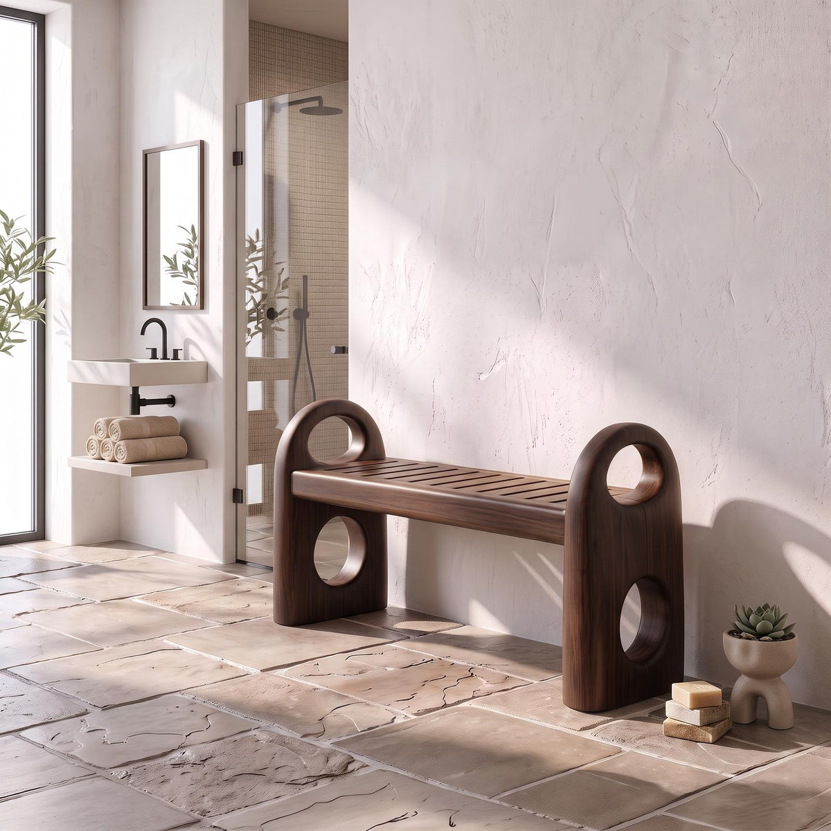 Scandinavian Bathroom Bench With Simple Backless Form For Bathroom