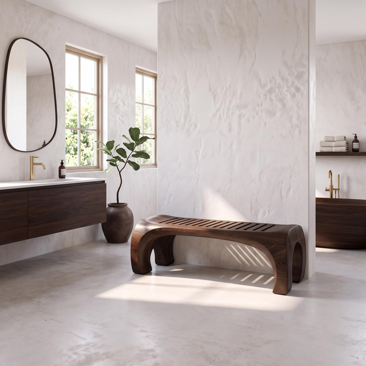Japandi Bath Bench With Slatted Seat And Balanced Minimal Form