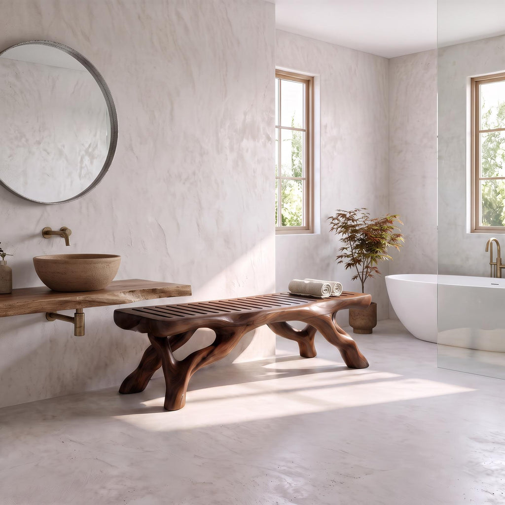 Organic Bathroom Bench With Branch Inspired Sculptural Legs For Bathroom