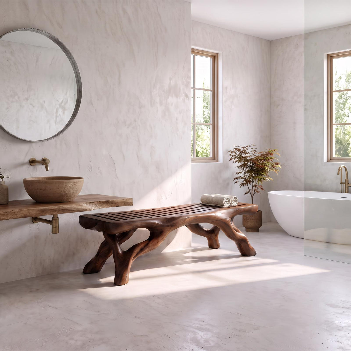 Organic Bathroom Bench With Branch Inspired Sculptural Legs For Bathroom
