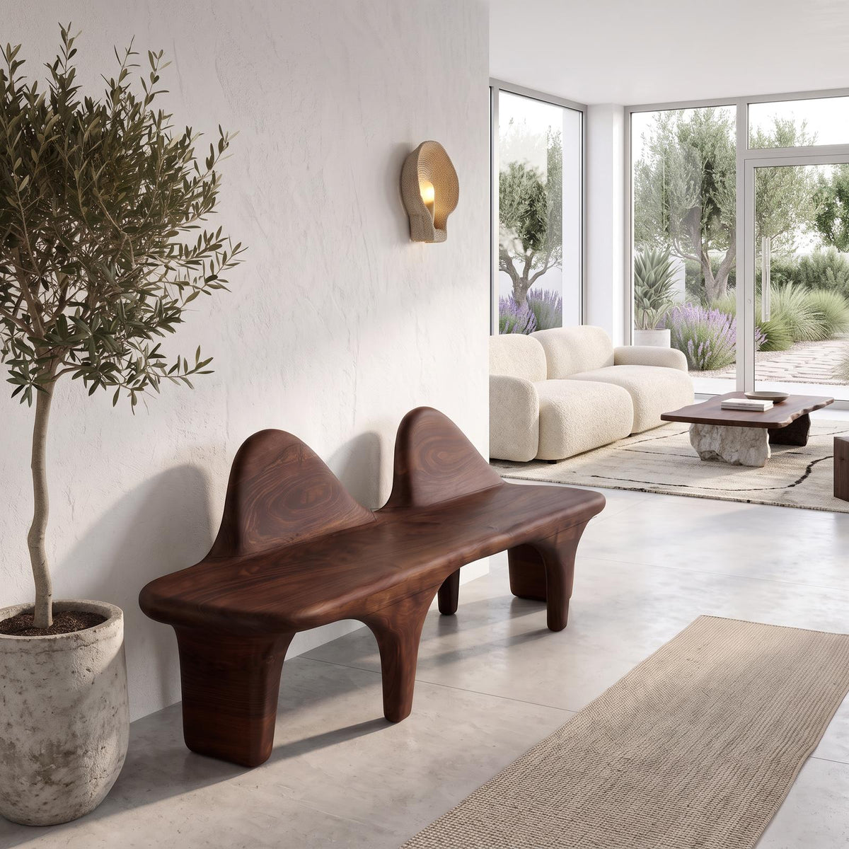 Organic Halloween Wooden Bench With Flowing Back Design For Entryway