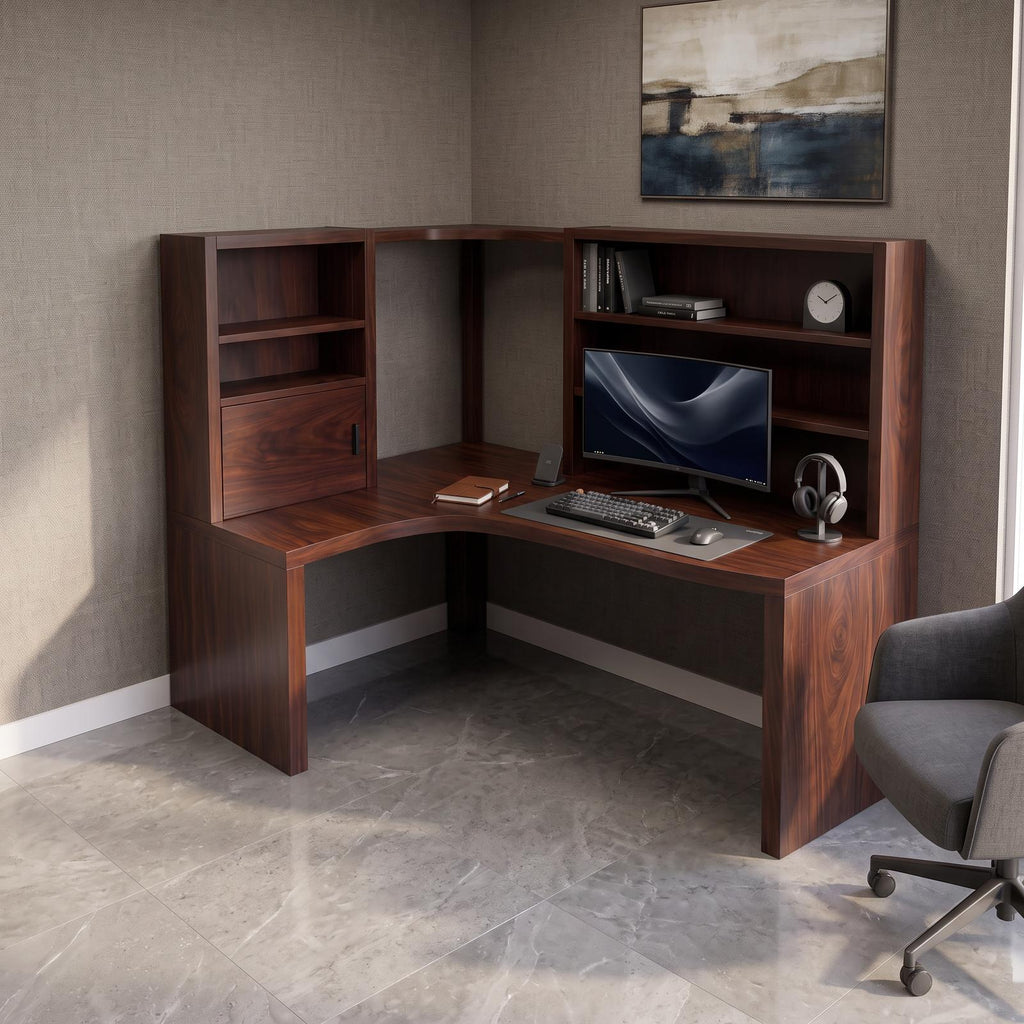 Contemporary Corner Desk With Built In Bookcase For Workspace