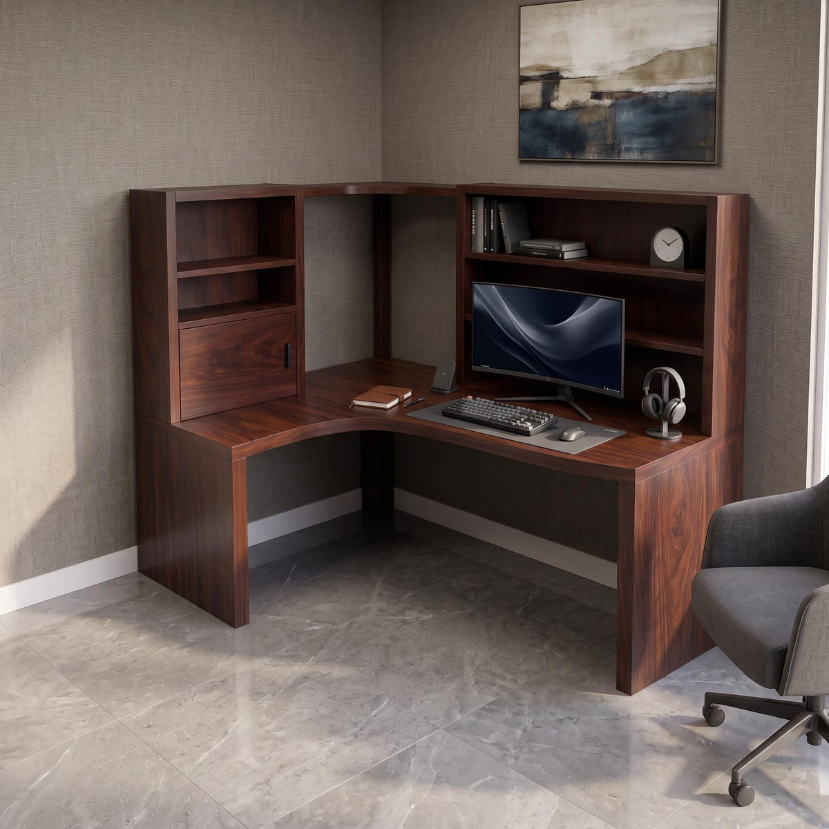 Contemporary Corner Desk With Built In Bookcase For Workspace
