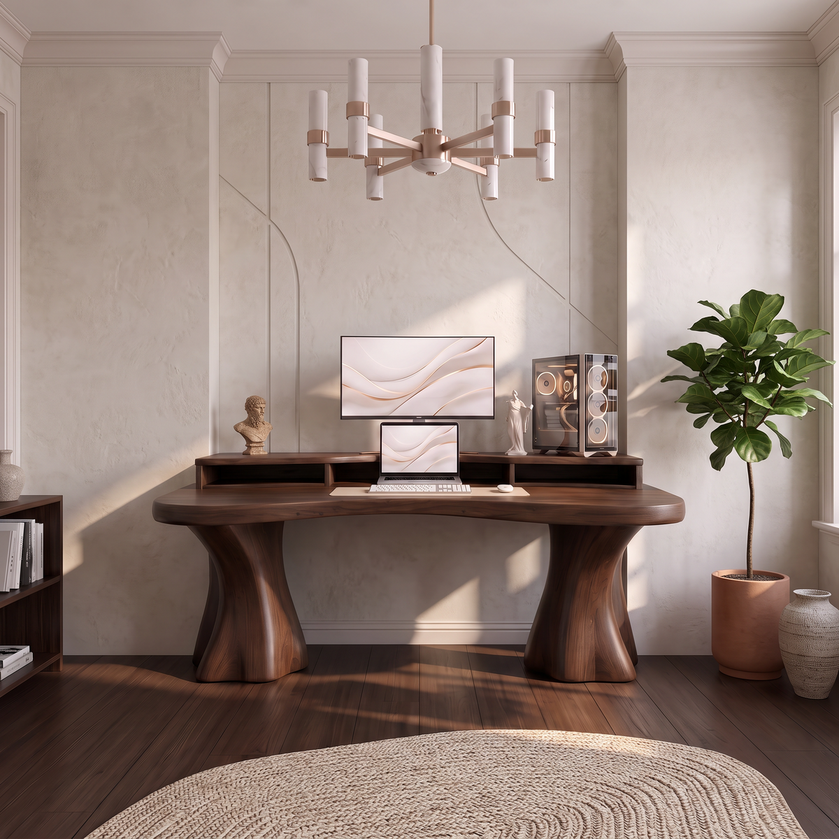 Rustic Solid Wood Desk With Tree Trunk Inspired Legs For Home Office