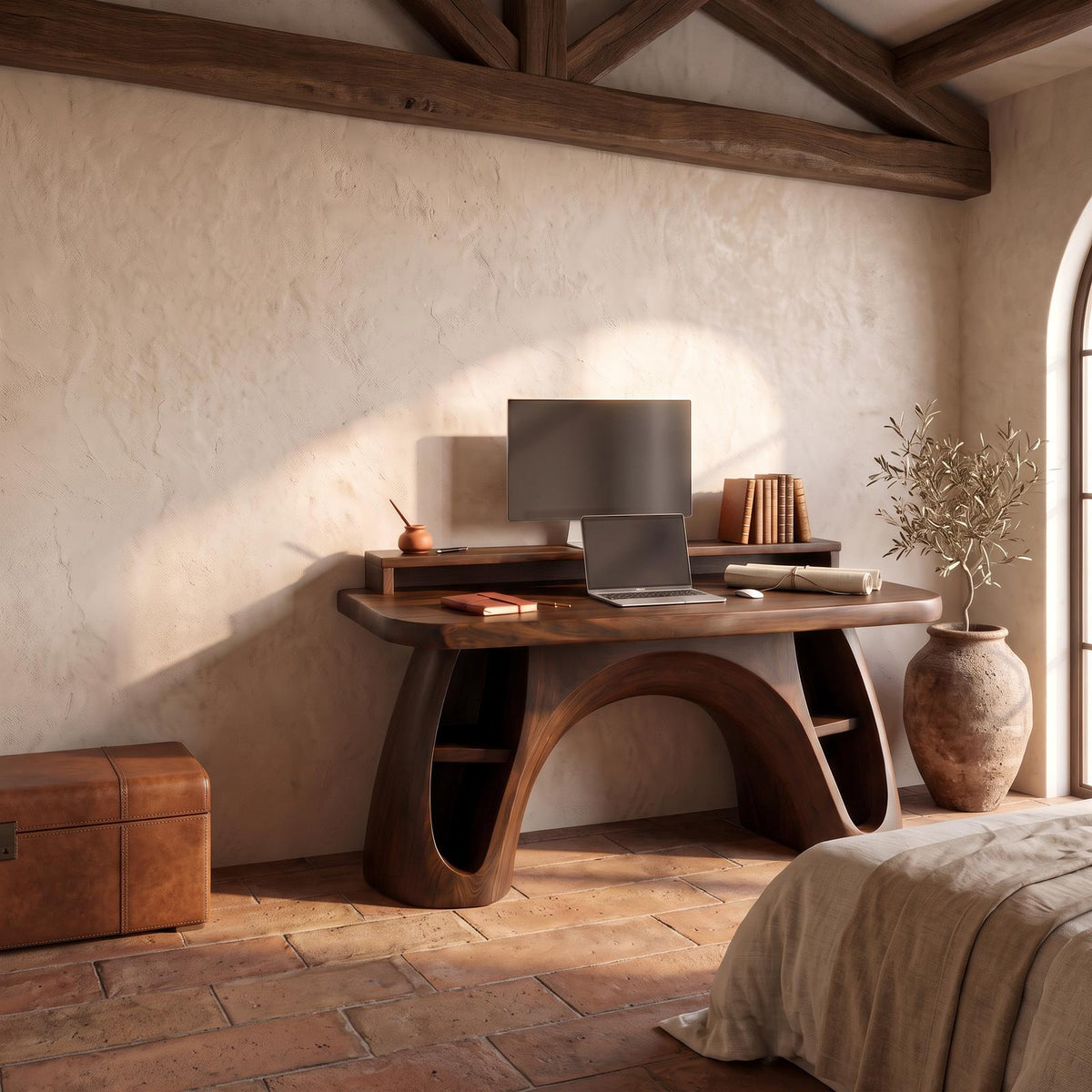 Contemporary Office Desk With Raised Monitor Platform For Workspace
