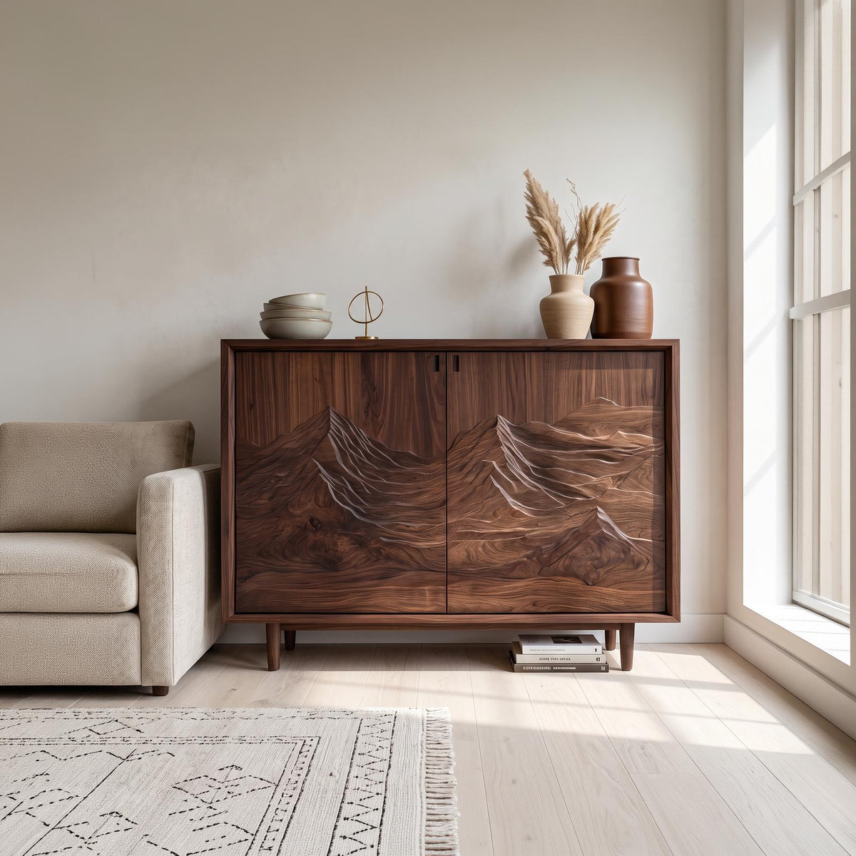 Rustic Sculptural Artistic Cabinet For Living Room And Interior Space