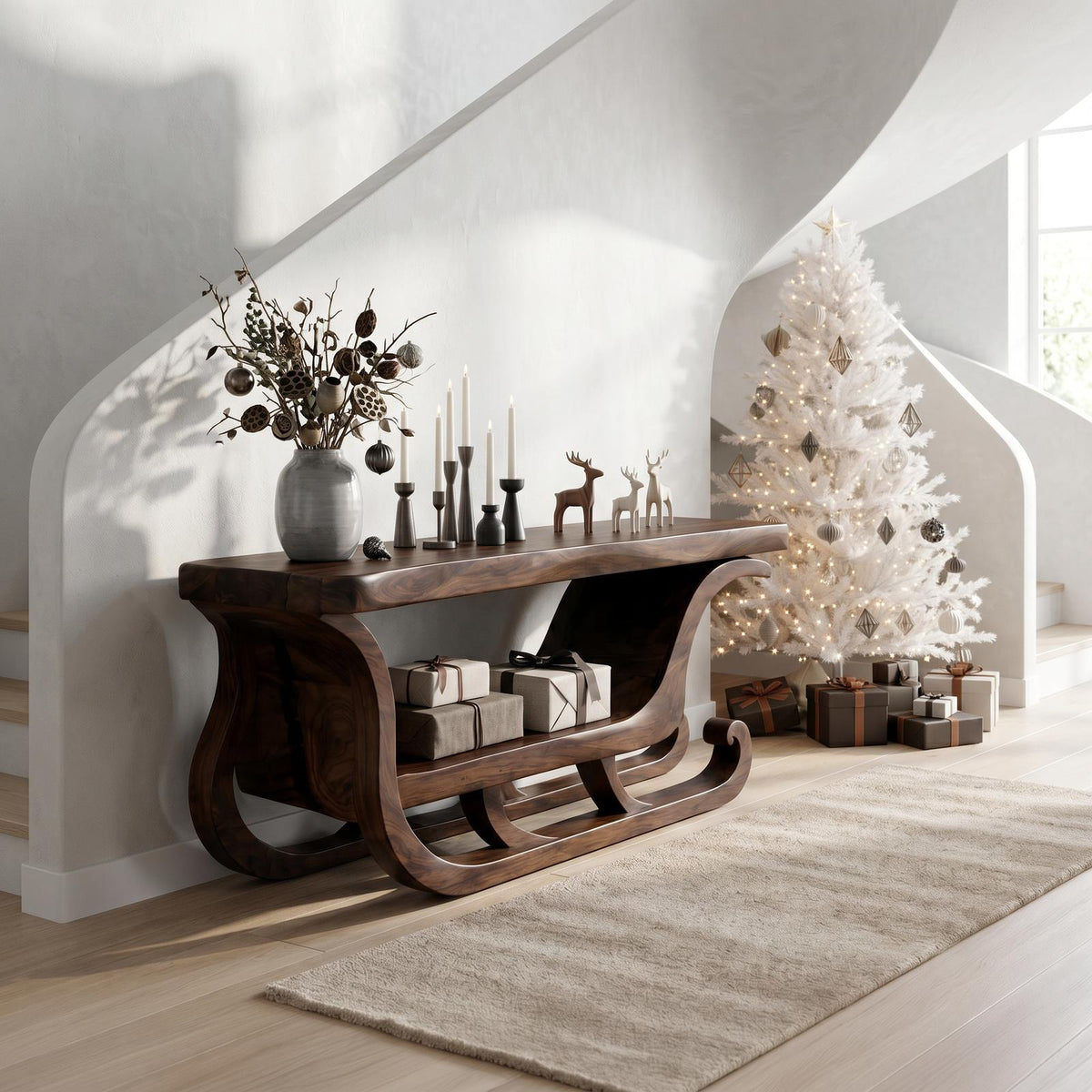 Organic Modern Console Table With Christmas Sleigh Inspired Design For Entryway And Living Room SINLSACS681