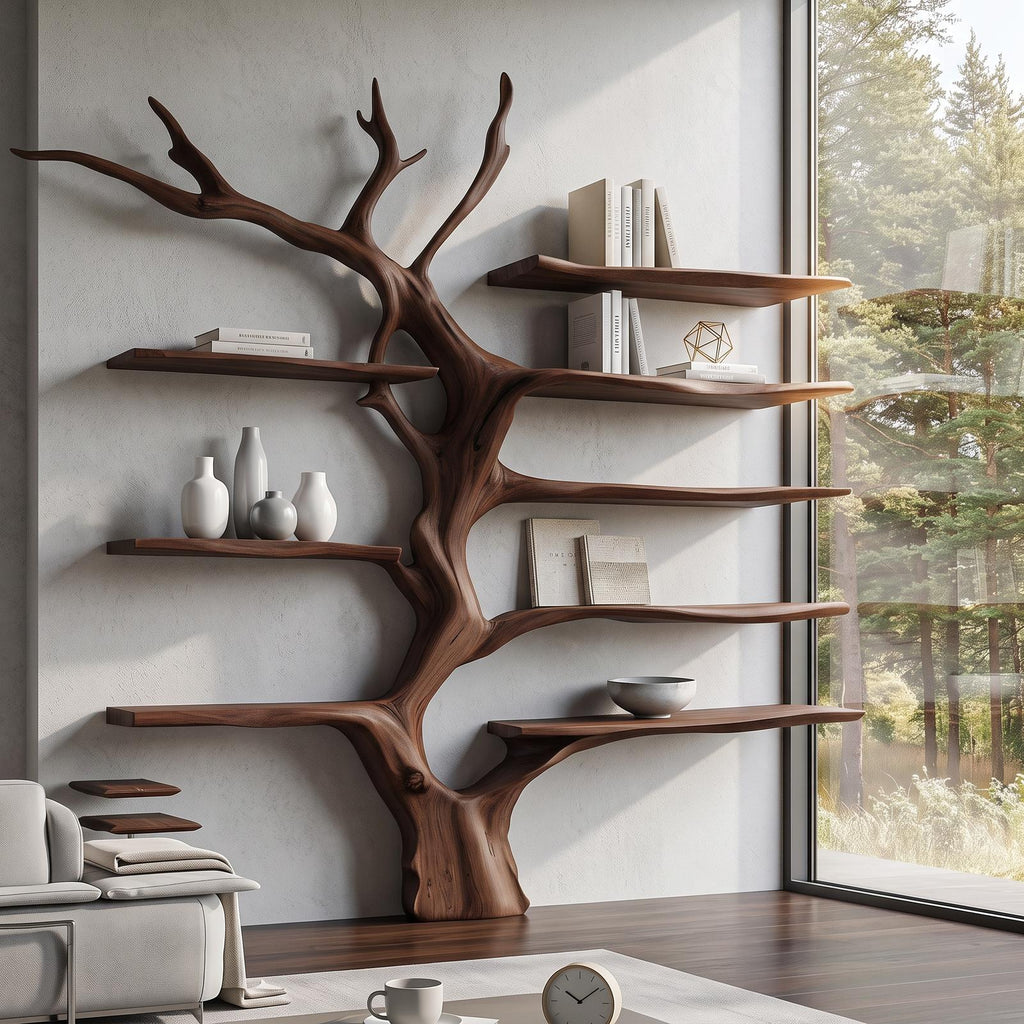 Sculptural Tree Bookcase Artistic Wooden Wall Shelf