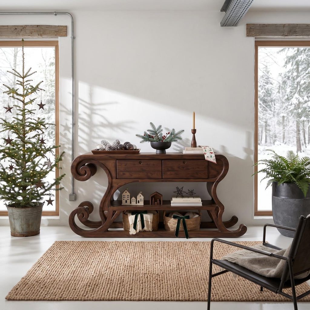 Rustic Christmas Console Table With Sleigh Inspired Scroll Design For Entryway SINLSACS684