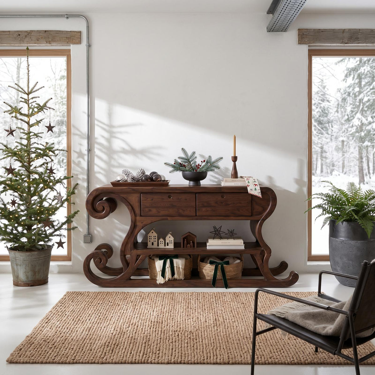 Rustic Christmas Console Table With Sleigh Inspired Scroll Design For Entryway SINLSACS684