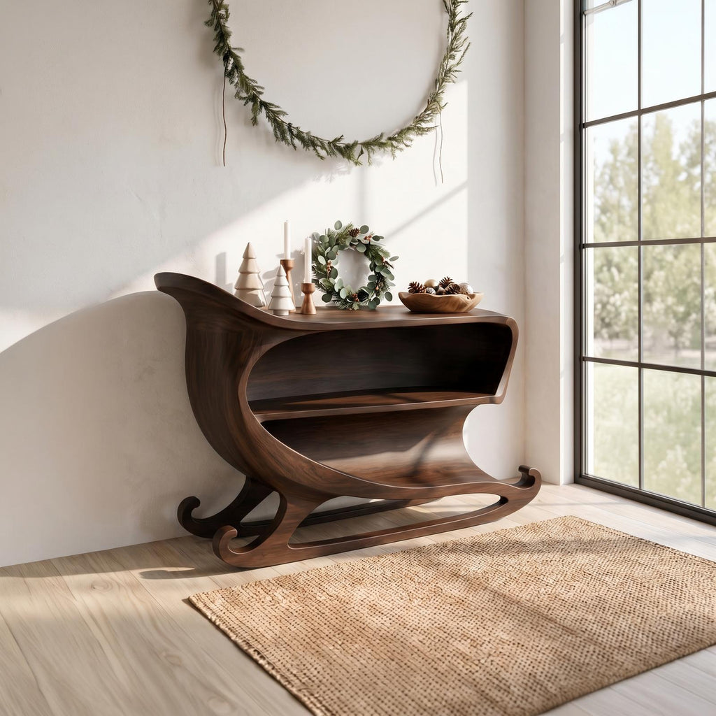 Farmhouse Christmas Console Table With Sleigh Inspired Scroll Design For Entryway And Living Room