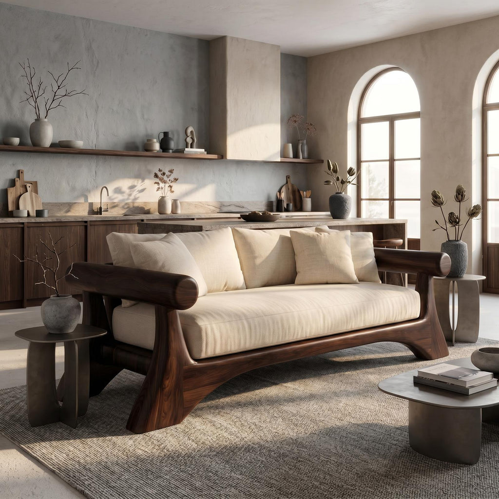 Minimalist Sofa Frame With Curved Solid Wood Arms For Living Room