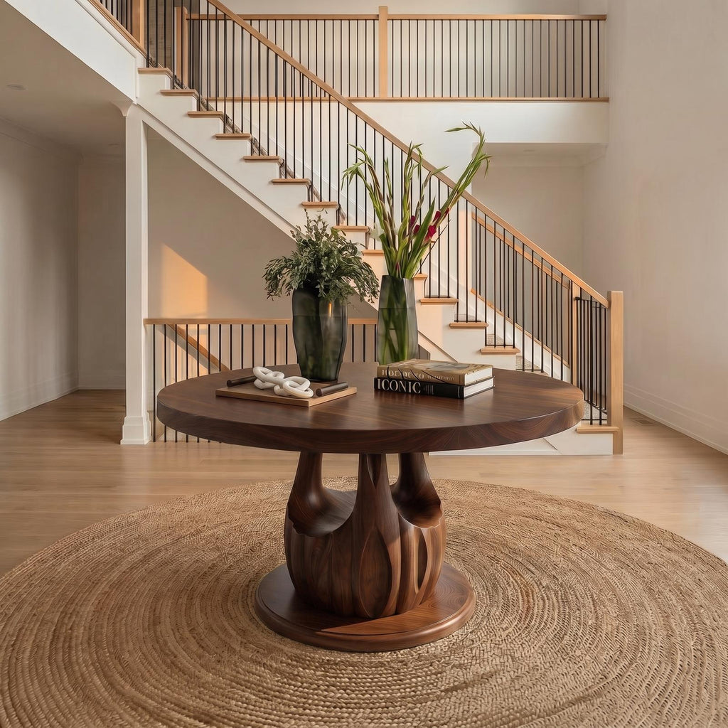 Modern Round Entryway Foyer Table, Solid Wood Unique Sculptural Base Accent Table for Hallway