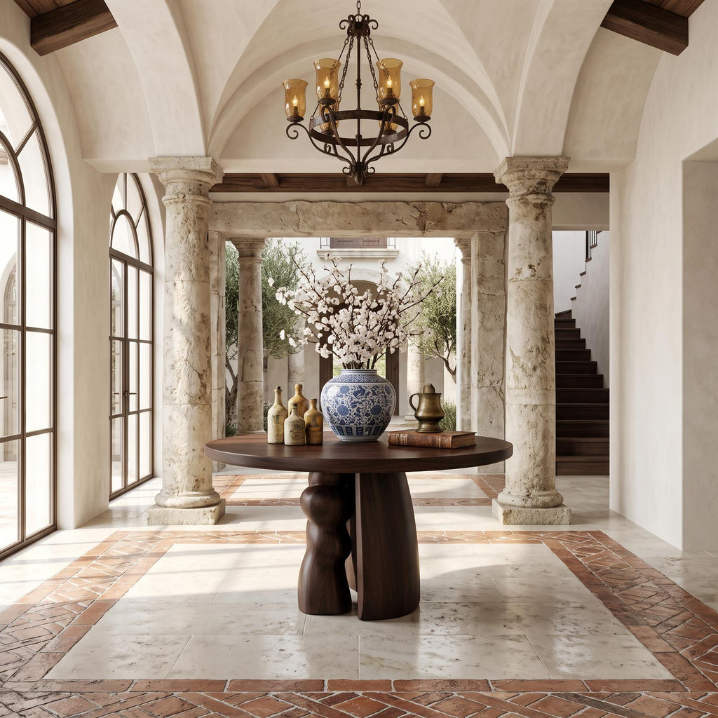 Rustic Round Entryway Table, Solid Wood Pedestal Foyer Table for Entryway, Hallway Decor