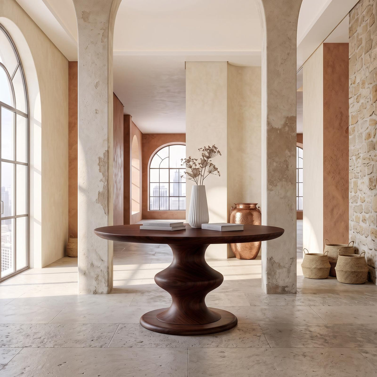 Contemporary Round Foyer Table, Turned Solid Wood Pedestal Entryway & Accent Hallway Table