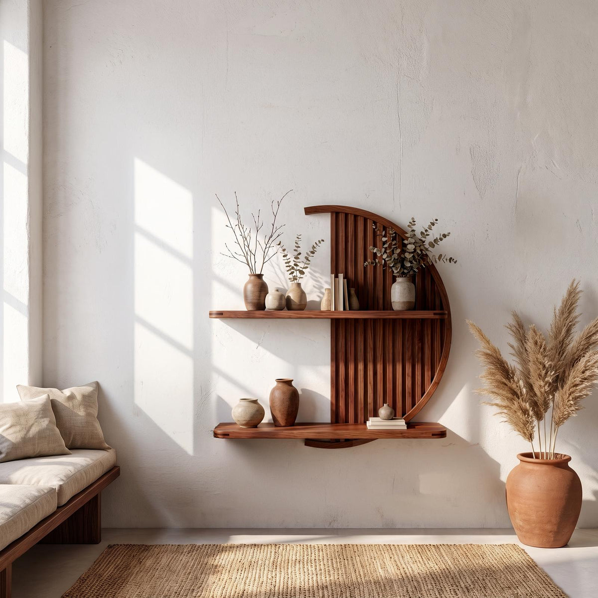 Minimalist Circle Round Floating Shelf Solid Wood For Living Room Wall Art