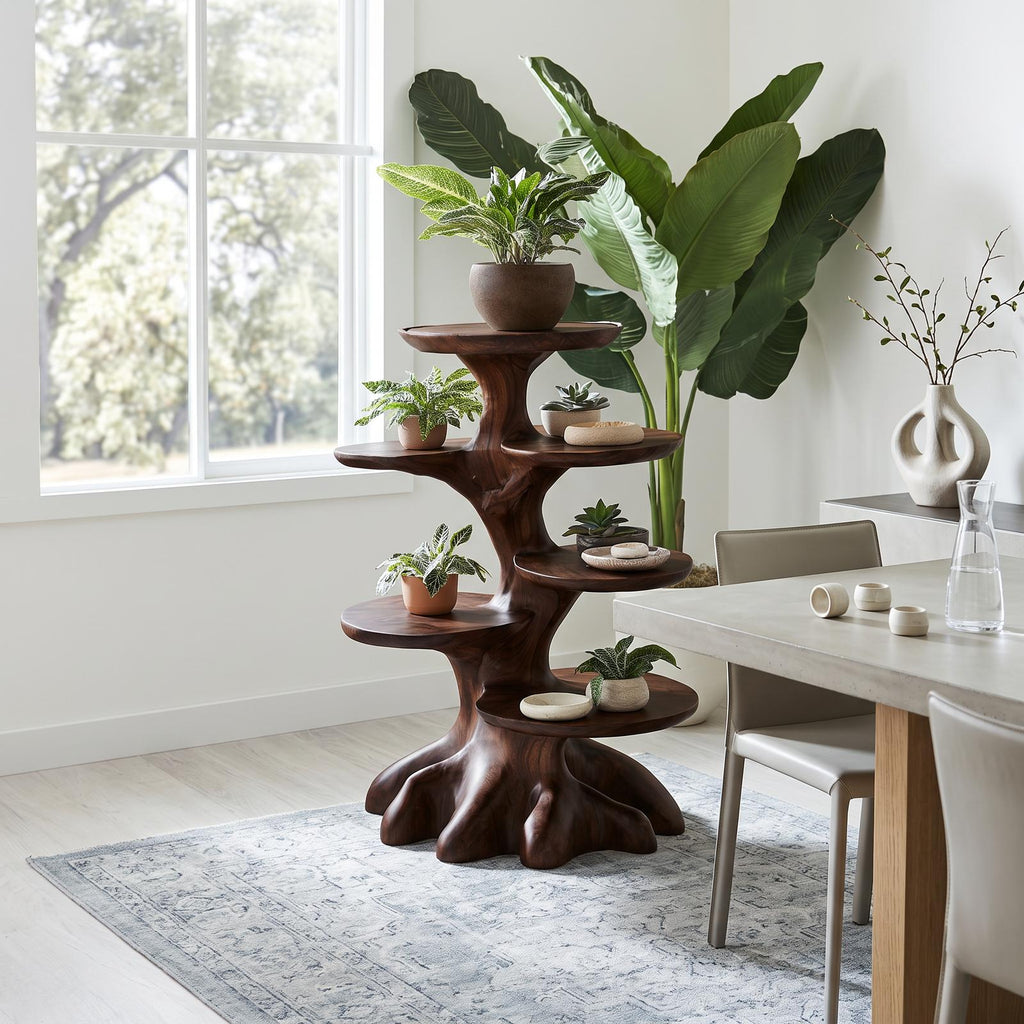 Rustic Indoor Plant Stand With Tree Stump Form For Sunroom And Patio SINLSAPT031