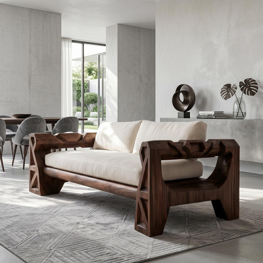 Handcrafted Sofa Frame With Sculptural Wood Armrests For Living Room