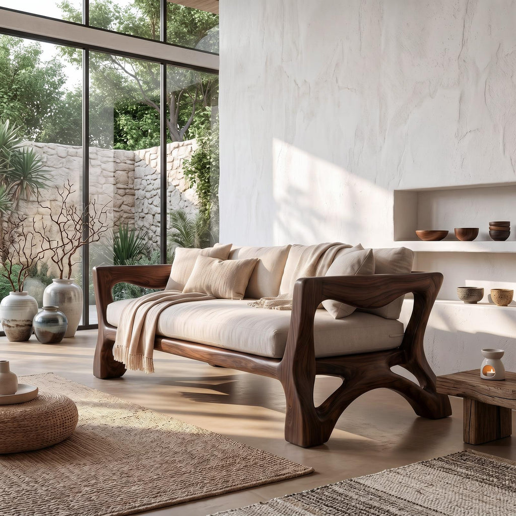 Sculptural Sofa Frame With Solid Wood Armrests For Living Room
