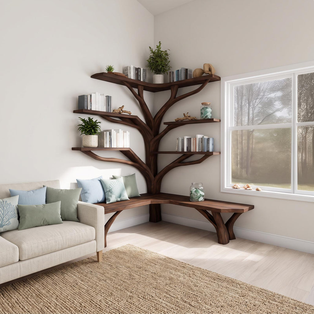 Rustic Corner Tree Shelf Reading Nook SINLSATB228